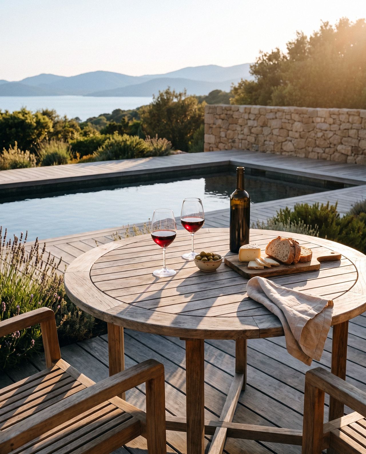 Deux verres de vin rouge sur la terrasse d’A Sera, le golfe du Valinco en contrebas