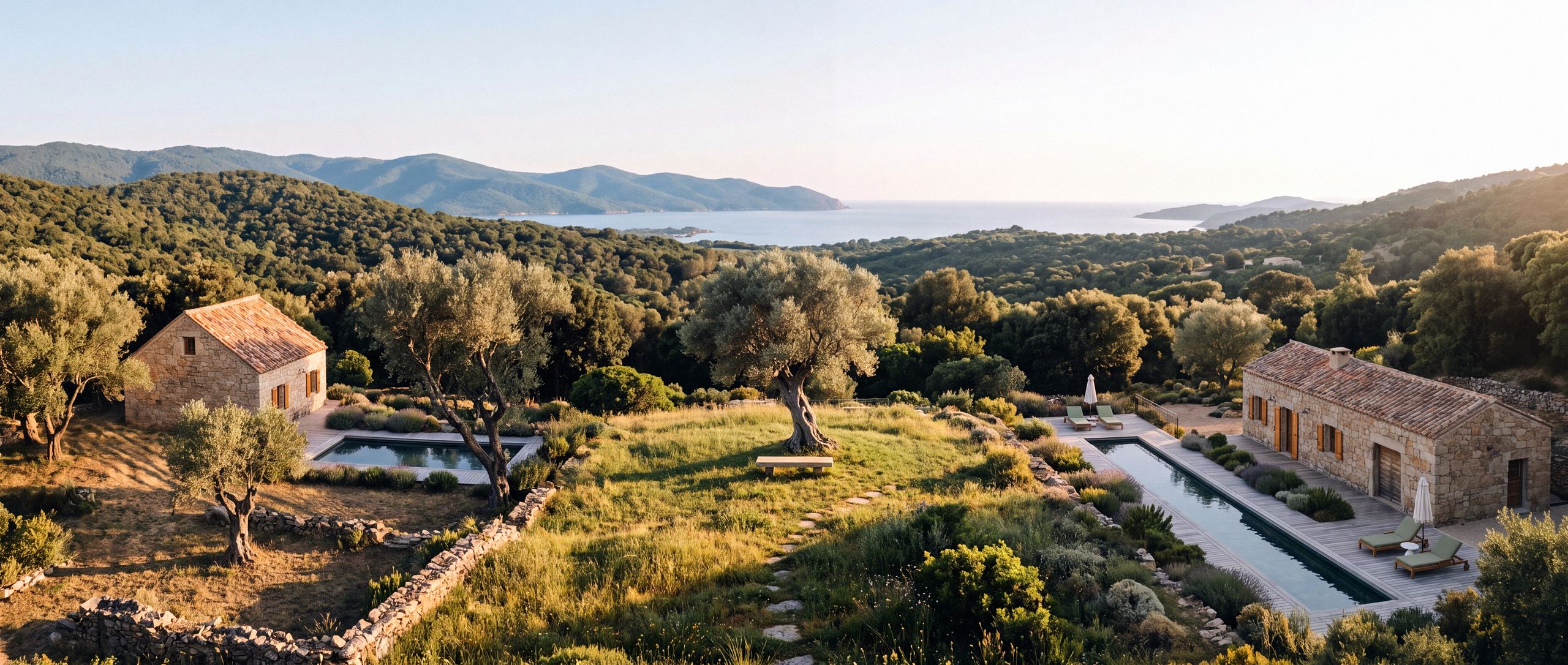 Vue panoramique du domaine : faites glisser pour vous promener d’une bergerie à l’autre